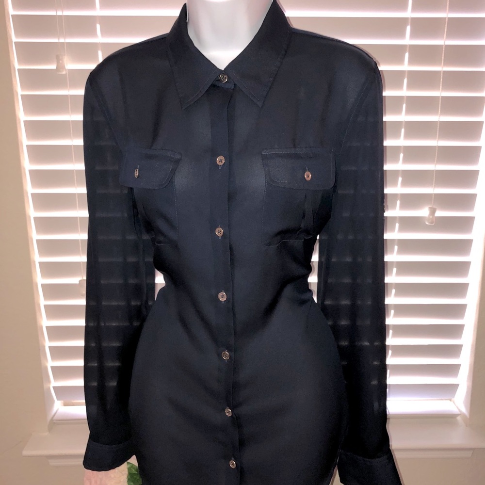 Jones New York Navy Blue Semi Sheer Blouse Size M